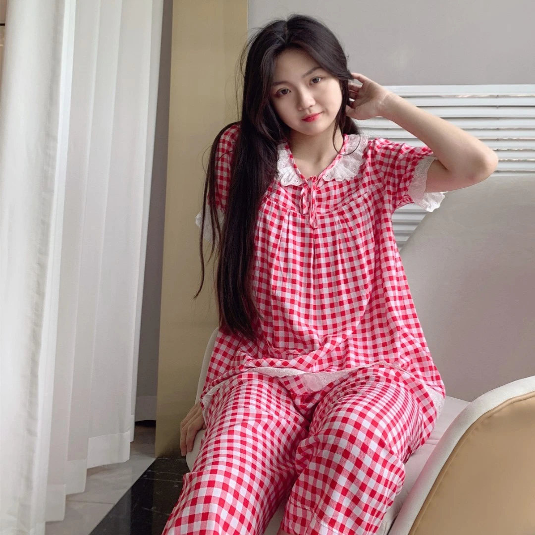 【六分裤】100支领口蕾丝花边短袖五分裤绵绸套装（991）