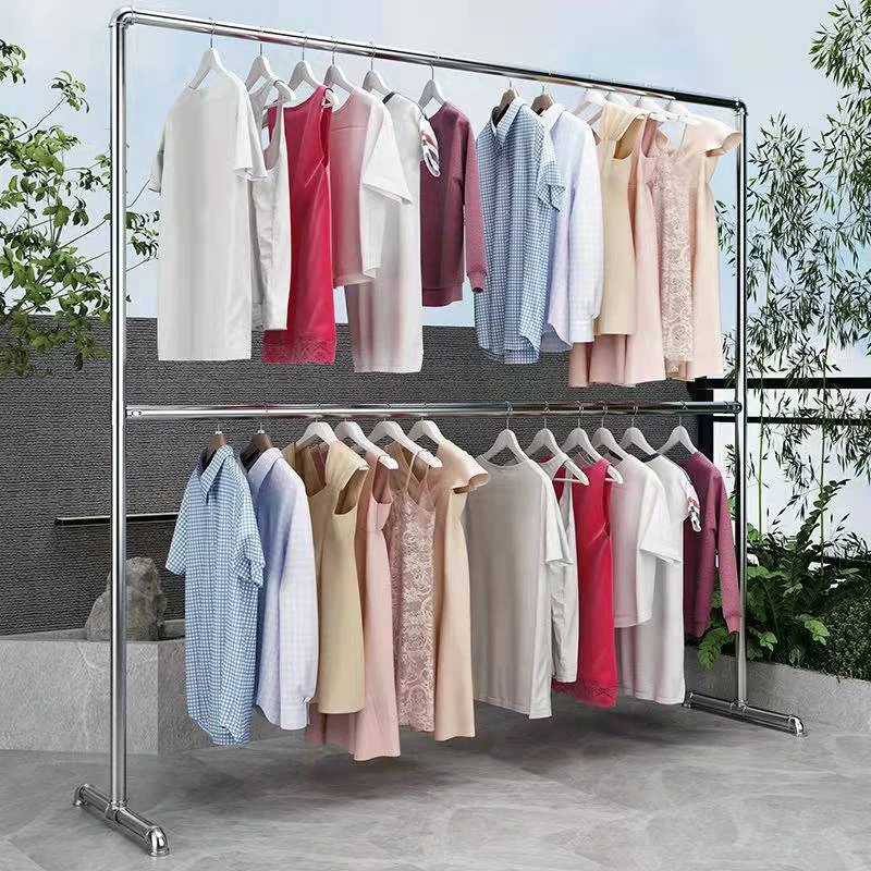 钢管晾衣架落地户外加厚家用阳台挂衣服简易挂衣架双层晒衣架立式