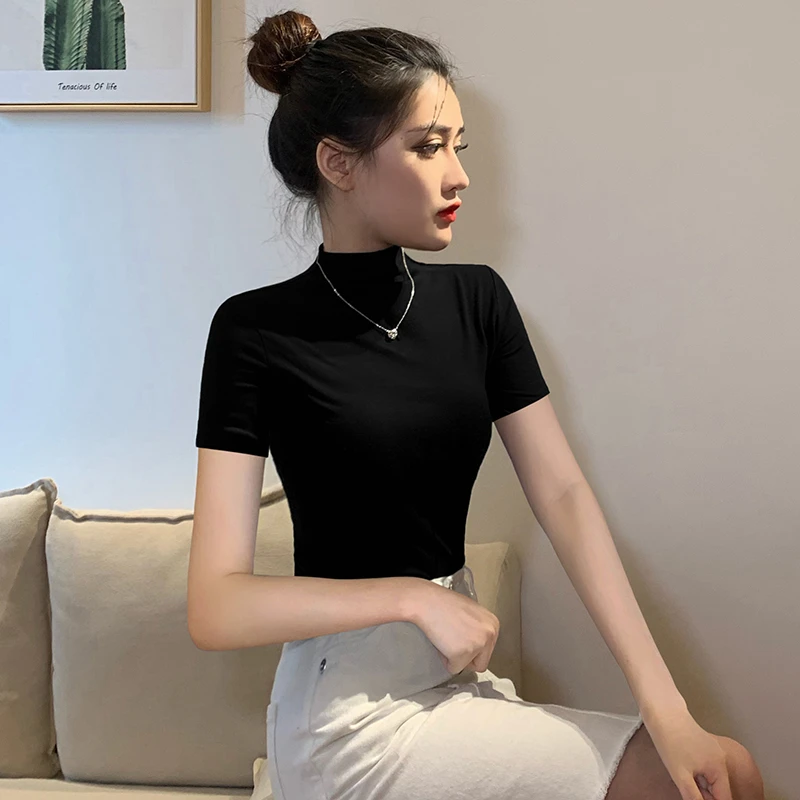 黑色T恤女短袖半高领打底衫紧身内搭2023春夏季修身显瘦中领上衣