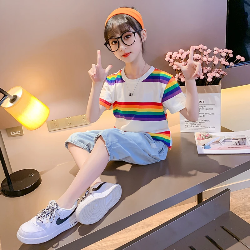 女童夏装两件套彩色条纹短袖T恤破洞七分牛仔裤儿童套装  DX03427