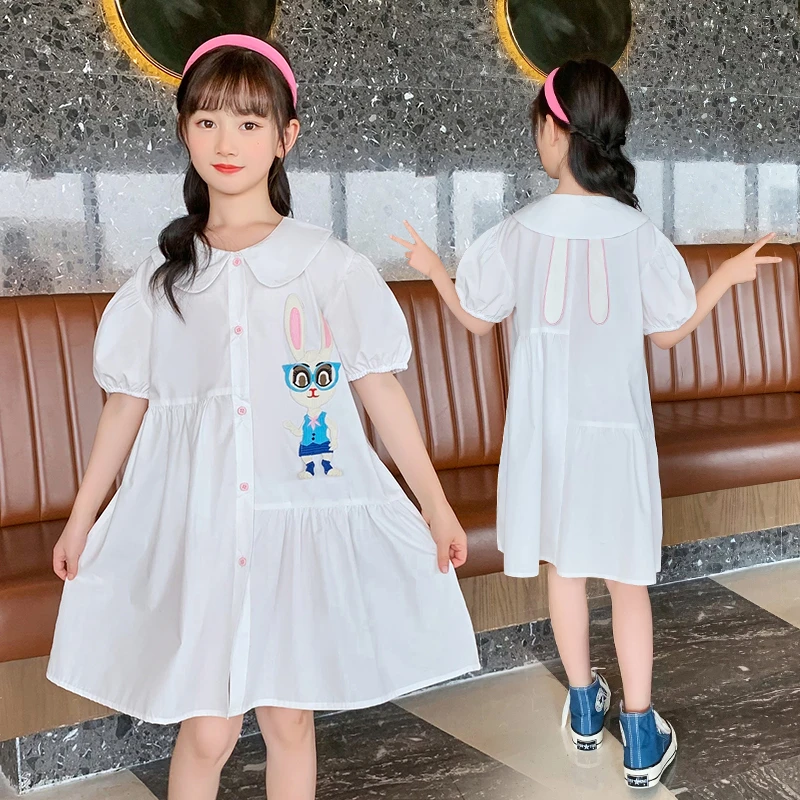女童韩版夏季中大童时尚连衣裙夏装卡通小兔子白色衬衫裙 DX03813