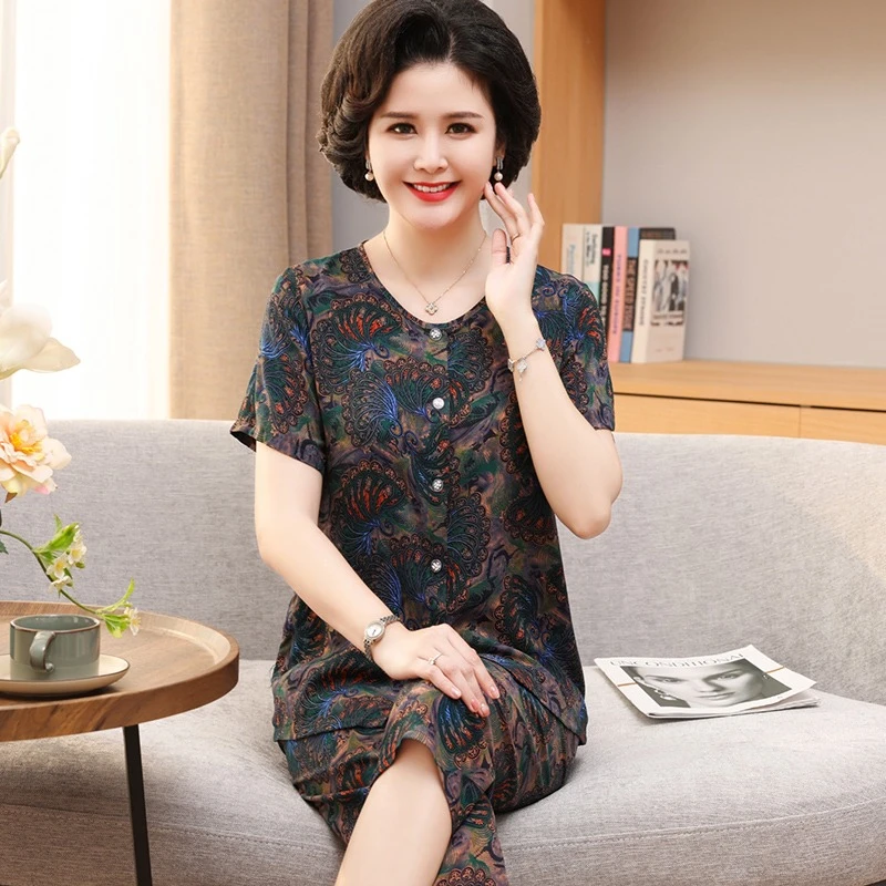 高品质棉绸睡衣女夏季薄款开衫印花中老年人妈妈装家居服套装宽松