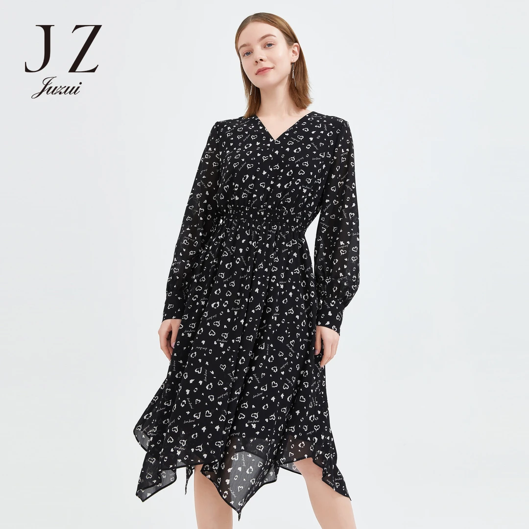 玖姿安娜蔻气质淑女V领印花中长裙女秋季连衣裙A字JTCC50030