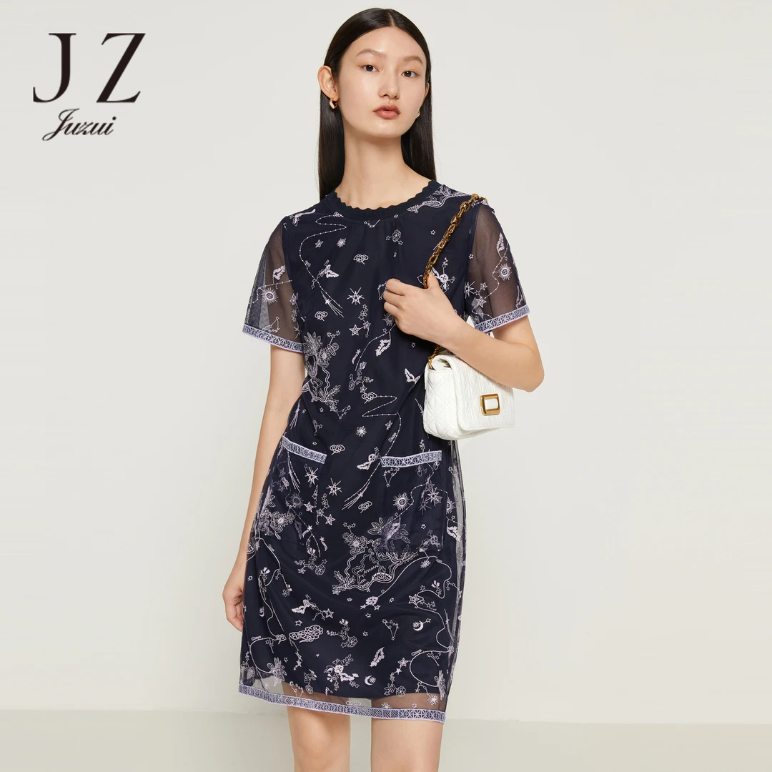 JTCX50158优雅刺绣宽松连衣裙夏季新款小众设计感网纱裙子圆领