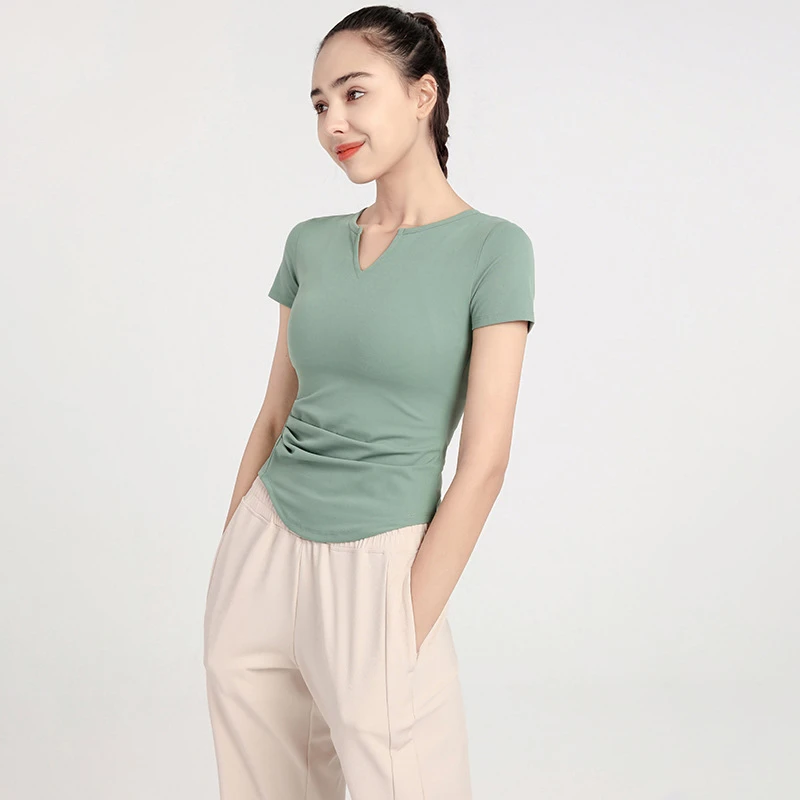 remolati瑜伽服V领速干透气弹力修身显瘦健身运动跑步女瑜伽短袖