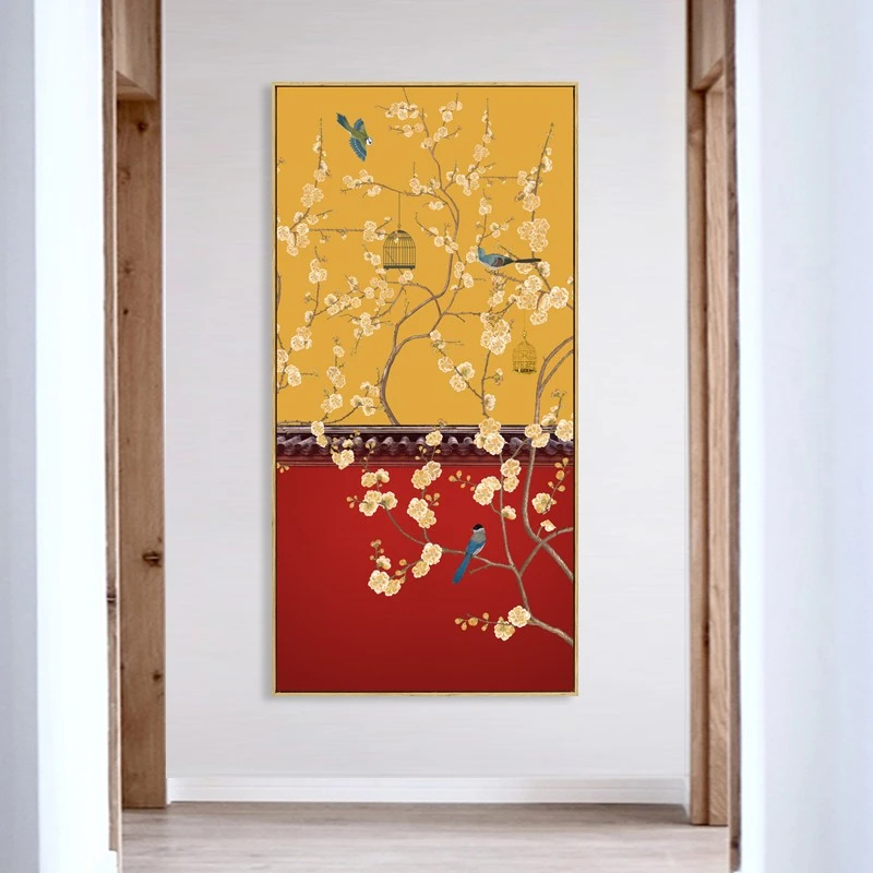 茜牡 工笔花鸟墙画新中式吉祥挂画走廊尽头壁画玄关背景墙装饰画