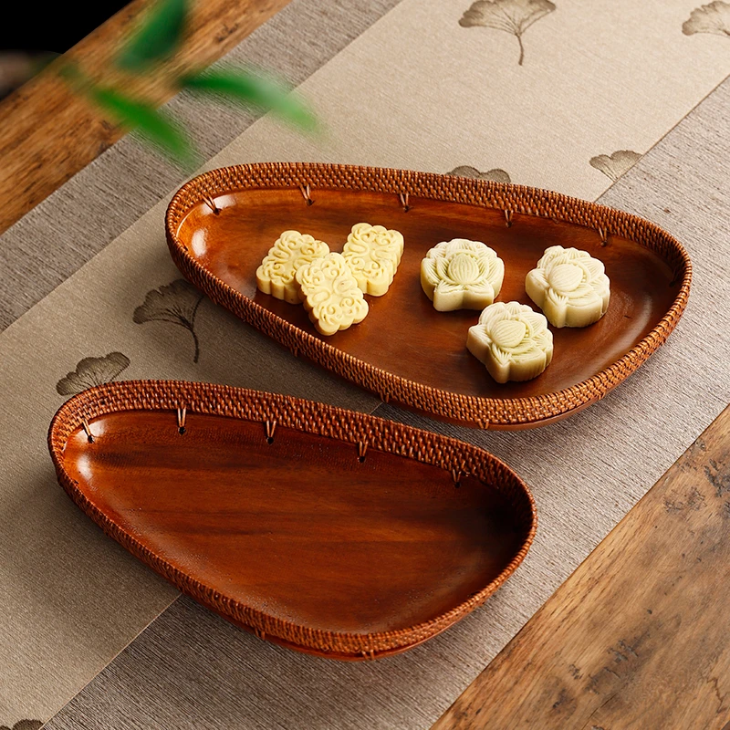 藤编胡桃木茶点盘家用客厅桌面实木水果篮干果盘点心篮长方形托盘