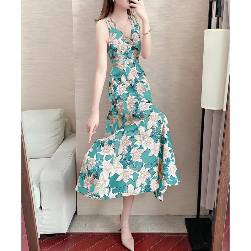 DS2070#天空蓝夏季新款吊带连衣裙印花气质时尚修身碎花长裙夏装