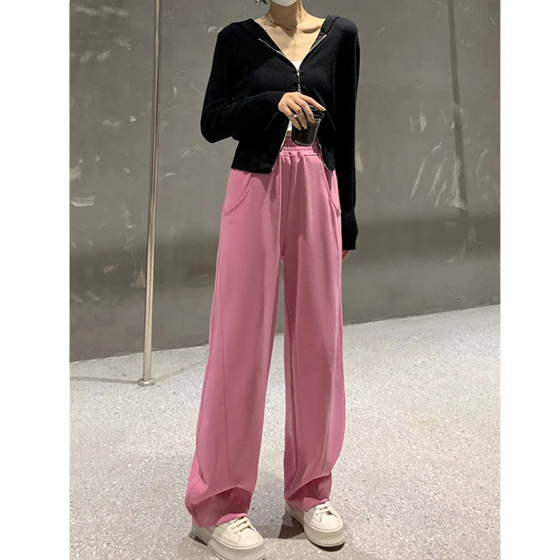 ebenb粉红色慵懒运动裤女春秋宽松直筒垂感阔腿裤灰色学生显瘦ins