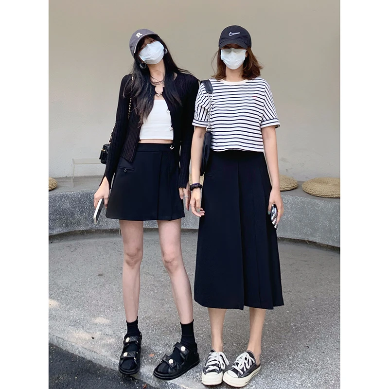 ebenb黑色百褶显瘦半身裙女春夏2025新款a字显瘦短裙学生jk中长裙