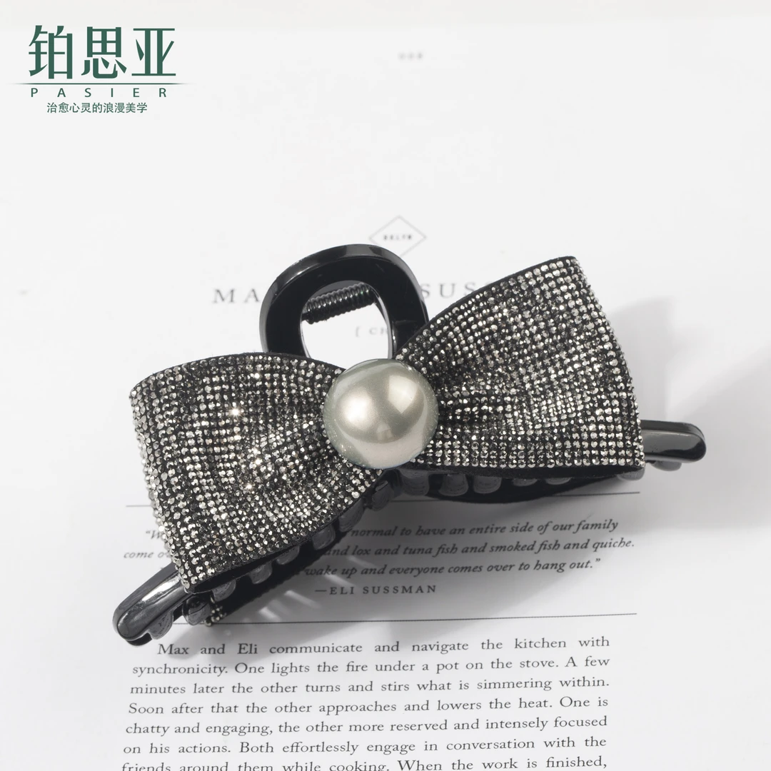 铂思亚非金属发饰 【碎月】浪漫气质黑色蝴蝶结珠珠轻奢抓夹11cm