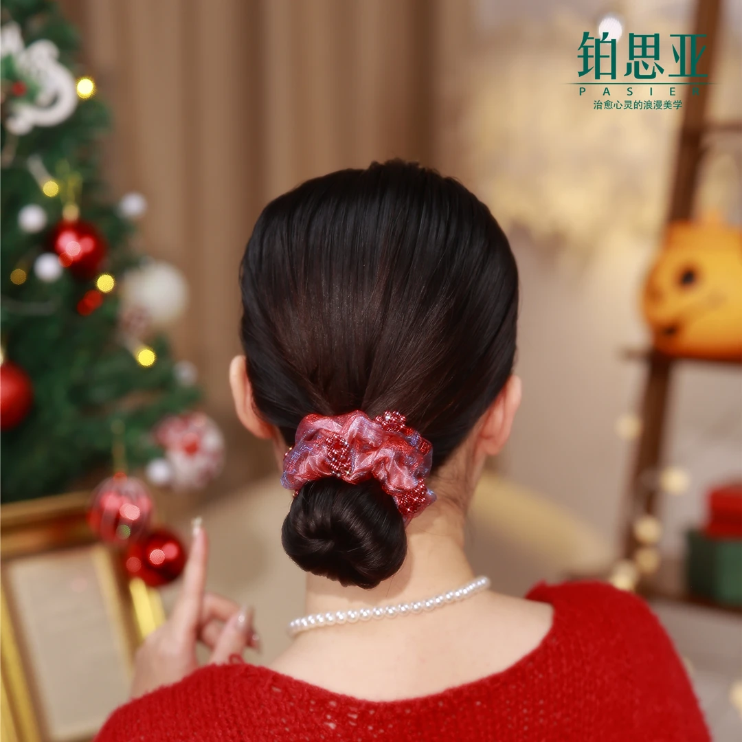 铂思亚【花开富贵】手工气质浪漫复古百搭时尚高弹力发圈FS8288红