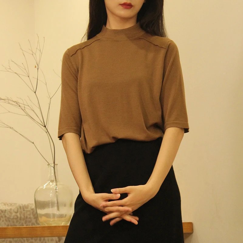 清风集通勤百搭 半高领针织薄打底 美丽诺羊毛中袖羊毛衫