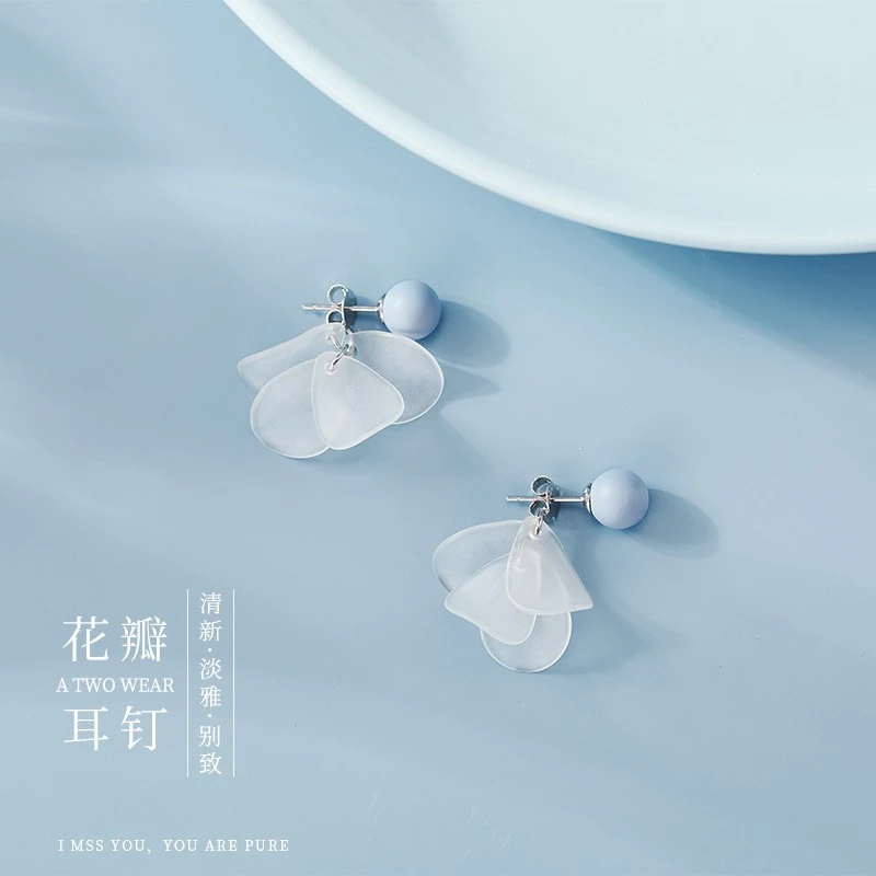 瑞泓祥 925银耳饰 S925纯银耳钉蓝色花瓣简约森系耳饰
