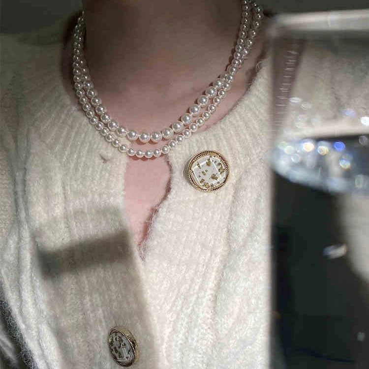 瑞泓祥 链子925银仿珍珠 施家项链法式打结复古时尚颈链锁骨链