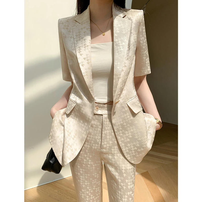 【高端轻奢】提花西服套装女夏天气质醋酸总裁西服休闲职业夏季时尚