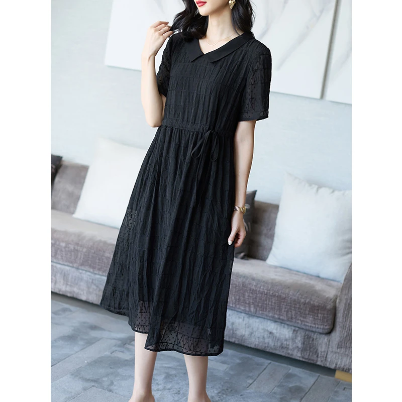 阿吉多A83780娃娃领遮肉减龄小黑裙夏季新款气质大码收腰连衣裙女