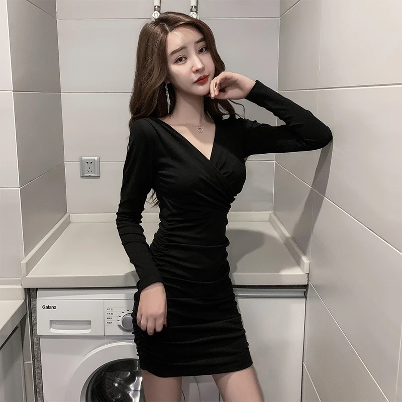 交叉V领性感连衣裙秋冬收腰修身显瘦褶皱夜店女装紧身包臀裙短裙