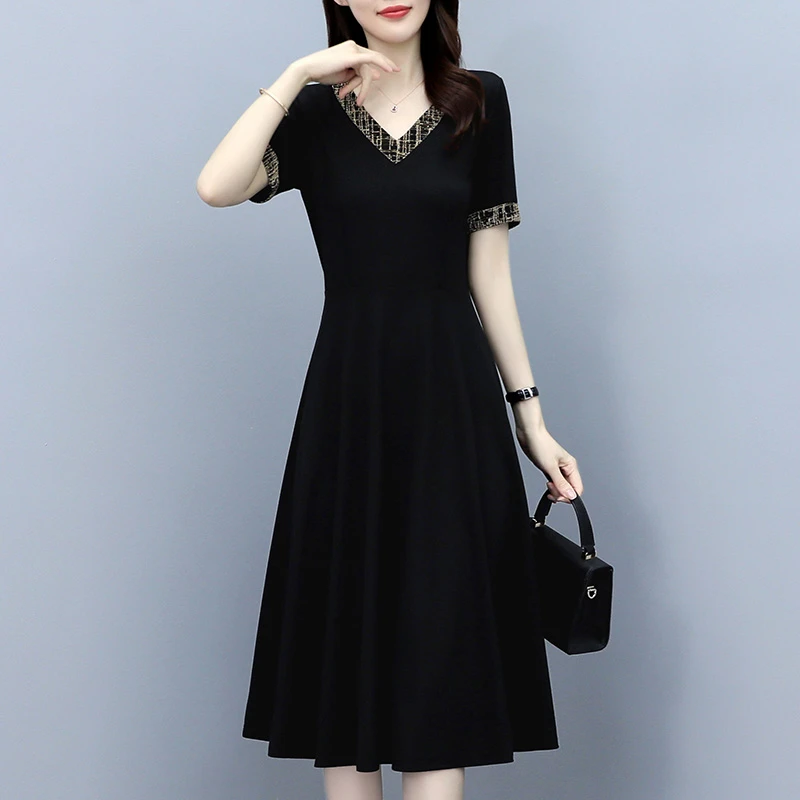 大码女装胖mm修身显瘦遮肚子V领短袖连衣裙夏季新款气质妈妈裙子