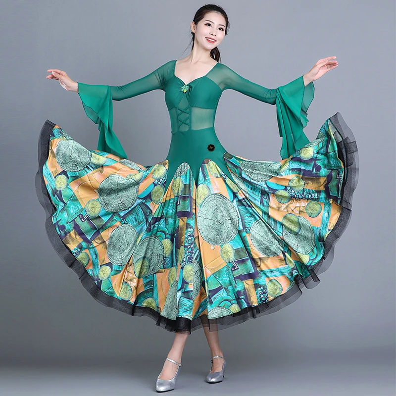 艺爱舞交谊舞摩登舞红色大摆连衣裙华尔兹蹈演出比赛服装L5222