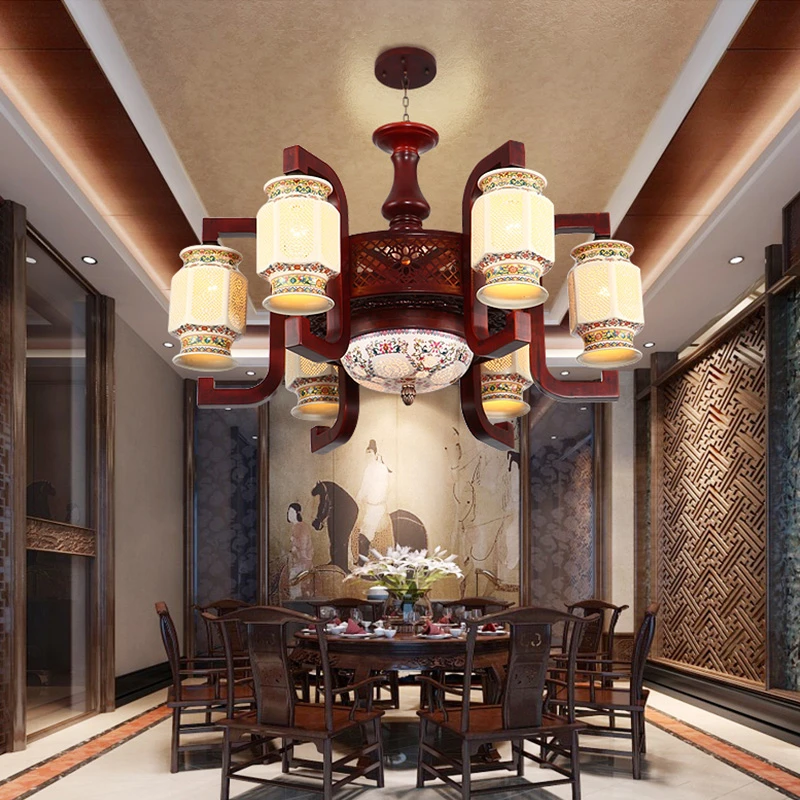 中式客厅吊灯中国风实木陶瓷餐厅茶室灯别墅复式楼仿古典卧室灯具