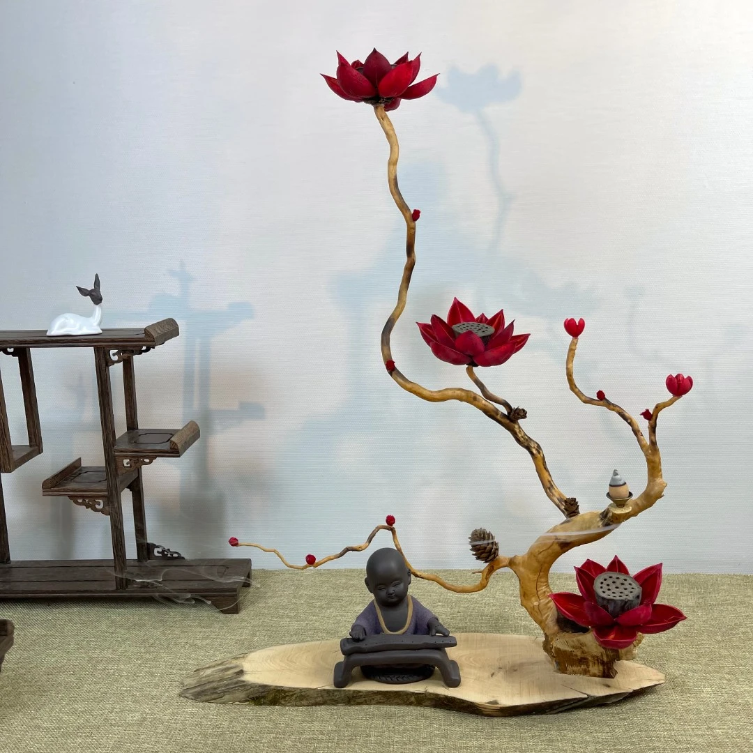 【知根】天然根艺佛禅倒流香茶室插花茶台摆饰手工莲花荷花禅意摆件