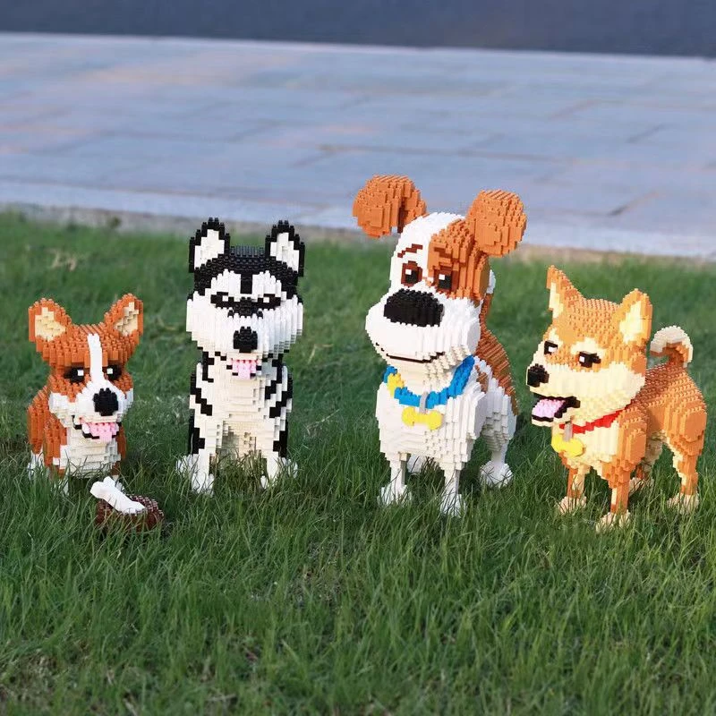 D哈士奇麦克狗柯基柴犬积木光滑颗粒益智拼装玩具礼物摆件
