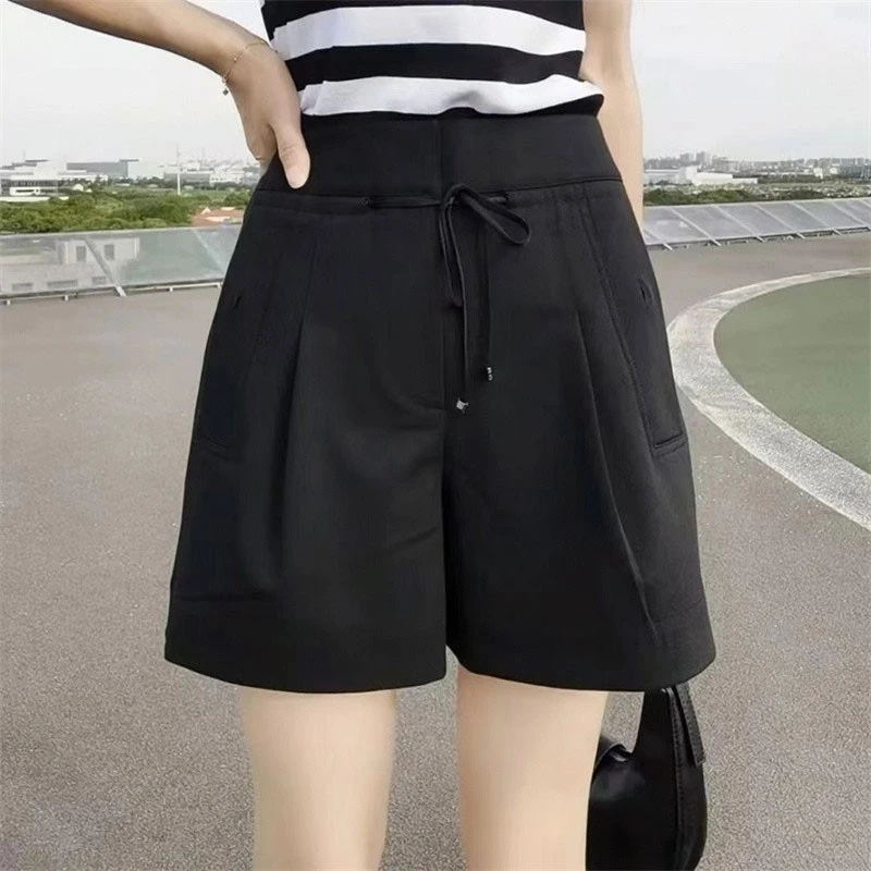 【商场同款】2025夏款高腰休闲百搭潮裤抽绳系带阔腿短裤黑色夏季