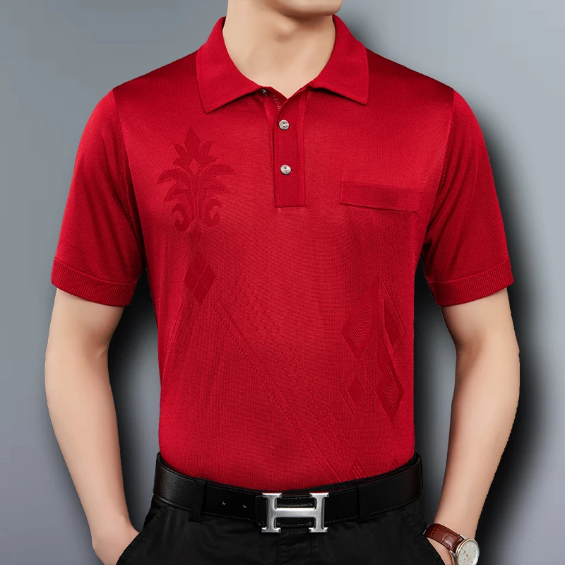 本命年男装中老年男士短袖t恤夏季新款翻领爸爸装大红色冰丝t恤衫