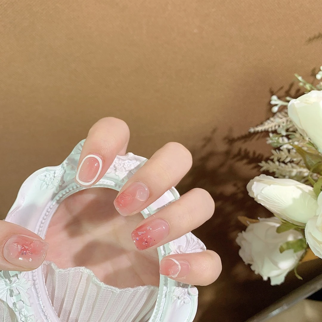 心动甜霜【纯手工】短方 短梯 珊瑚纪美甲穿戴甲10片