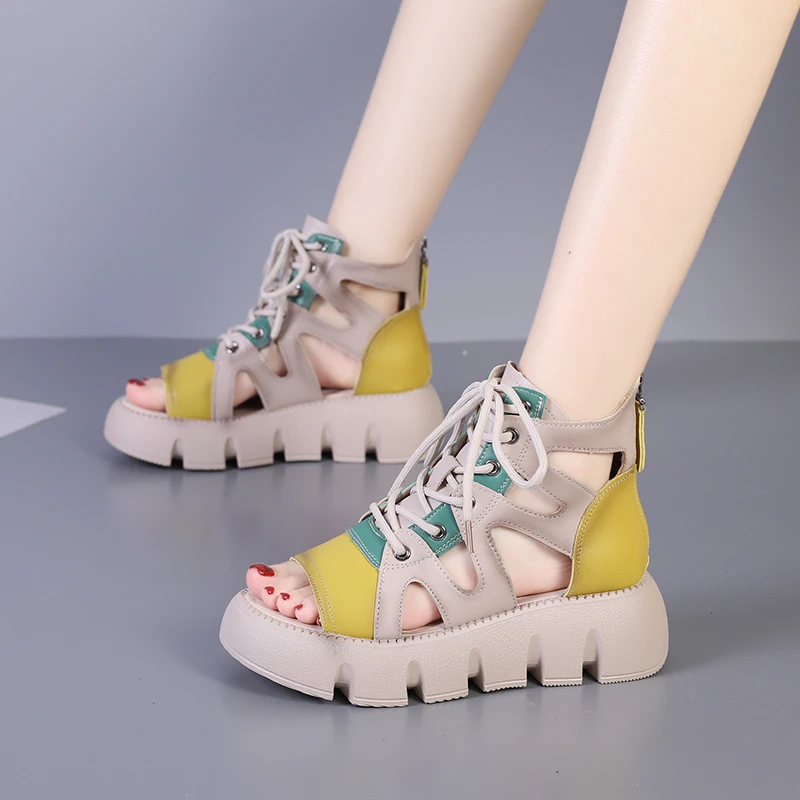 高帮凉鞋女凉靴包跟时尚夏季2025新款厚底波西米亚鱼嘴镂空罗马鞋