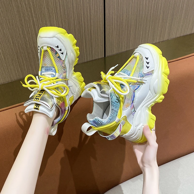 厚底渐变老爹鞋女夏ins风2025春季新款镂空透气内增高运动小白鞋