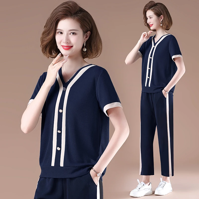 2023新款妈妈夏装时尚两件套中年女短袖上衣中老年休闲运动套装