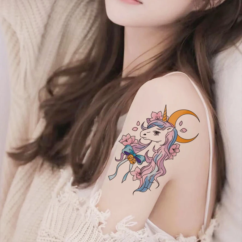 彩色独角兽纹身贴防水持久仿真樱花少女手臂九尾狐腿部遮瑕贴纸