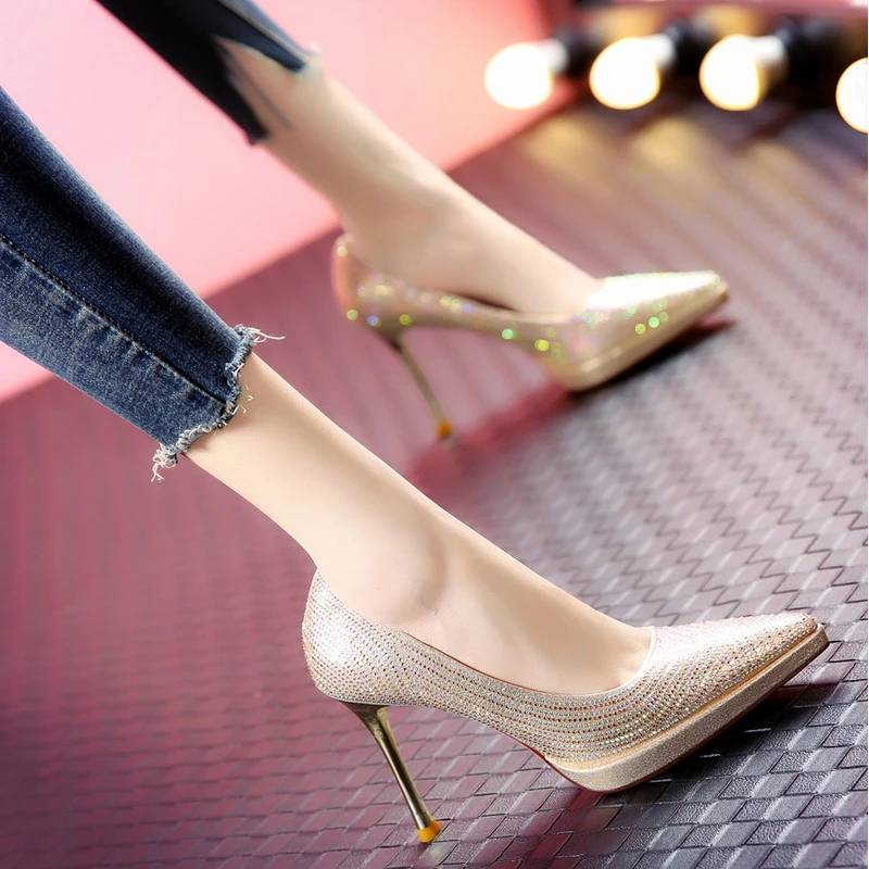 模特10cm高跟鞋防水台细跟水晶新娘婚纱鞋女2024秋冬新款尖头单鞋