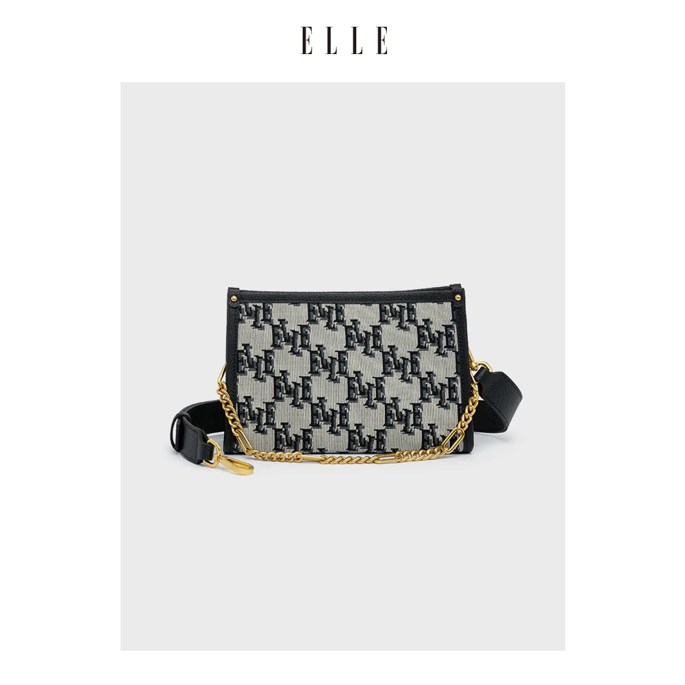 ELLE秋冬时尚经典复古印花老花LOGO链条小方包单肩斜包女士22016