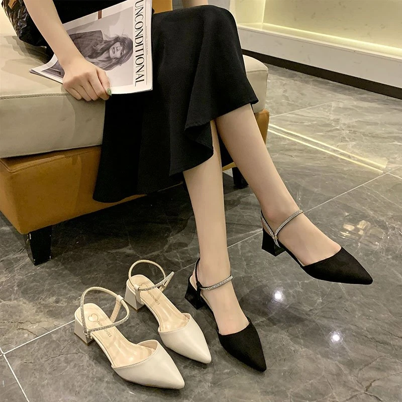 仙女风法式半拖鞋外穿中跟包头凉鞋女夏季粗跟配裙子尖头高跟凉鞋