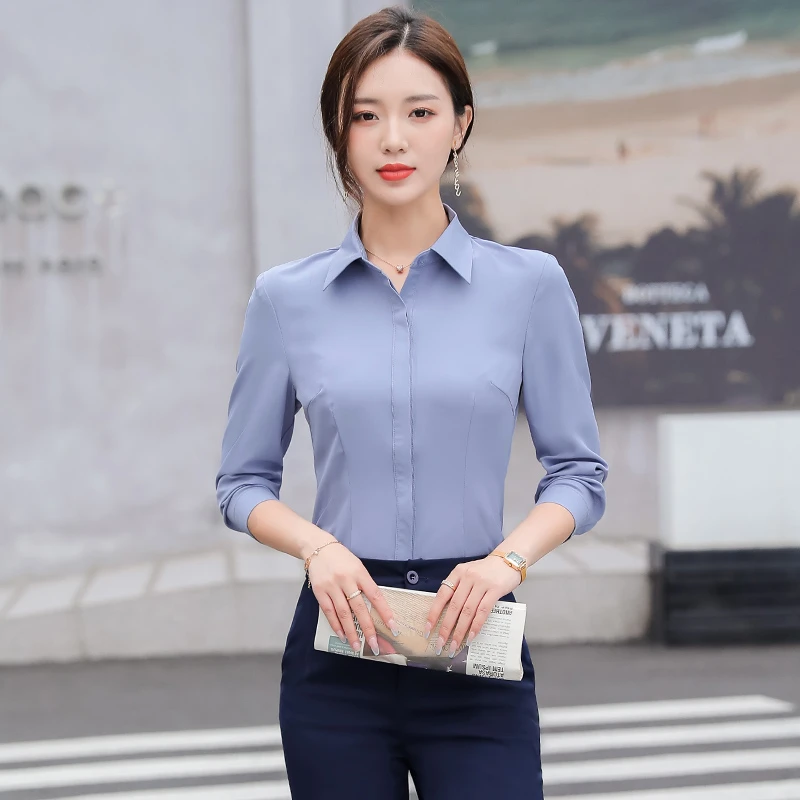 灰色衬衫女秋季2022新款职业装银行面试工装上衣大码长袖工作服秋