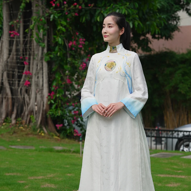 云谧【浅兰】新中式国风老绣工笔手绘兰花小袍连衣裙