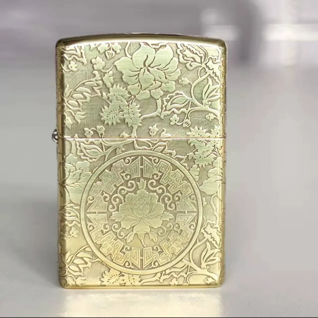 ZIPPO正版打火机 原装富贵牡丹黄铜盔甲五面精雕芝宝防风煤油