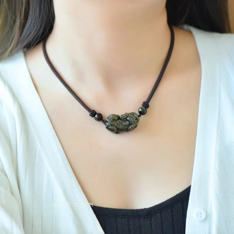 黑曜石貔貅项链夏女锁骨链项圈吊坠情侣款黑绳编织男潮礼物可调节