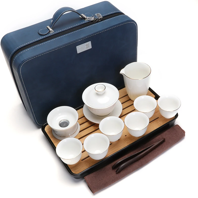 景盛堂羊脂玉整套功夫茶具礼盒礼品茶盘旅行包定制logo盖碗茶杯陶