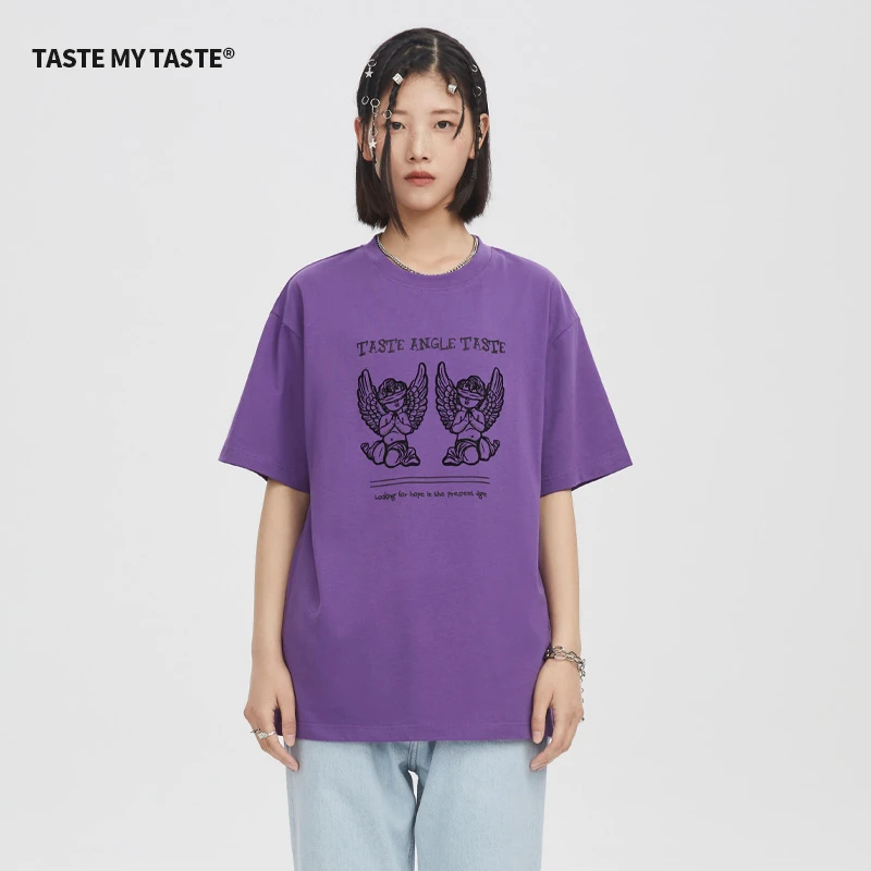 TasteMyTaste纯棉蒙眼天使植绒t恤衫宽松休闲圆领短袖男女小众夏