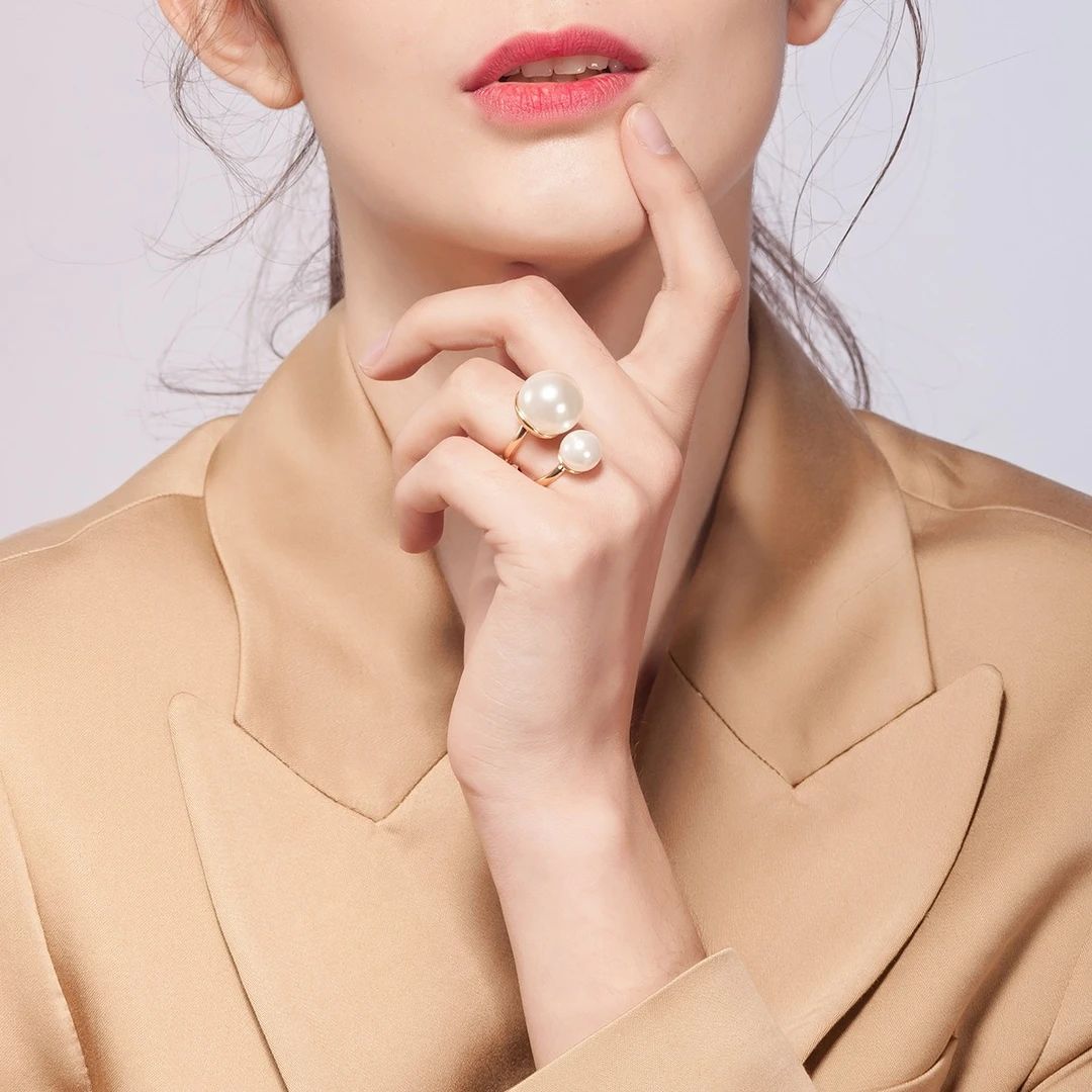 mck 合金仿珍珠戒指 复古仿珍珠戒指女款夸张个性指环开口食指戒