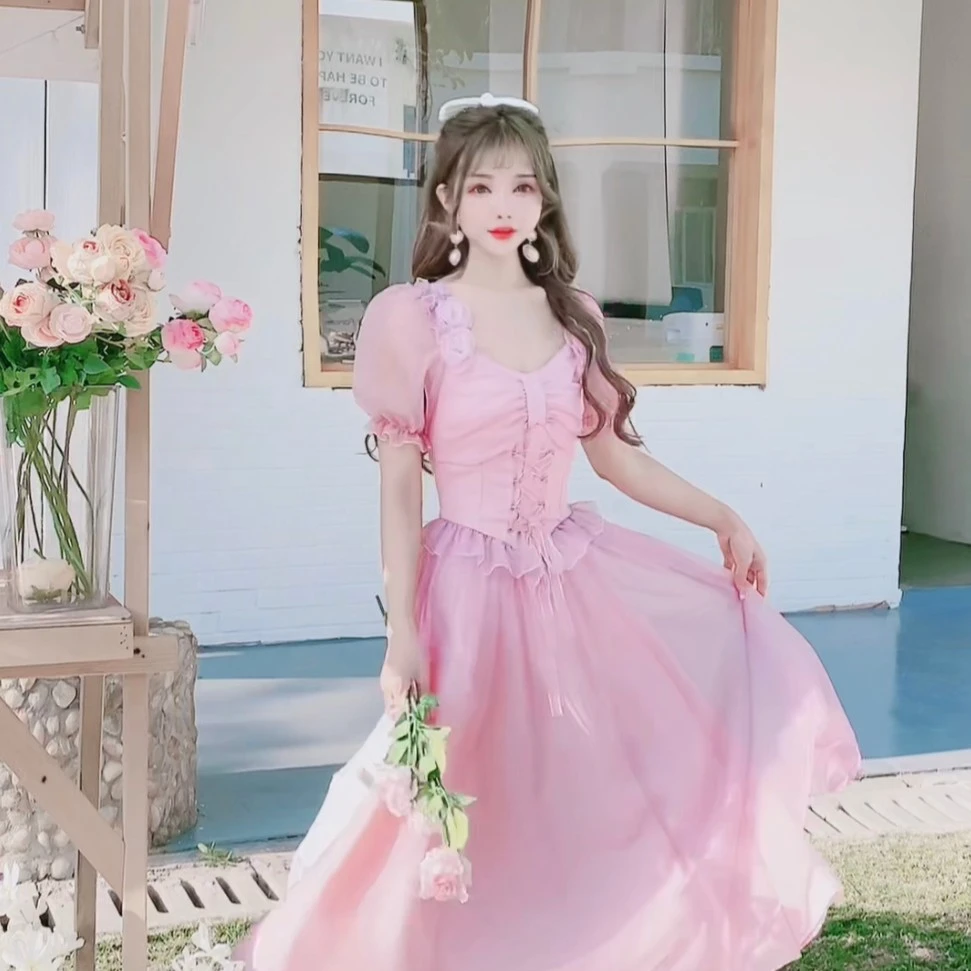 6638【玫瑰庄园】夏装甜美假两件修身连衣裙中长裙粉色显瘦仙女裙