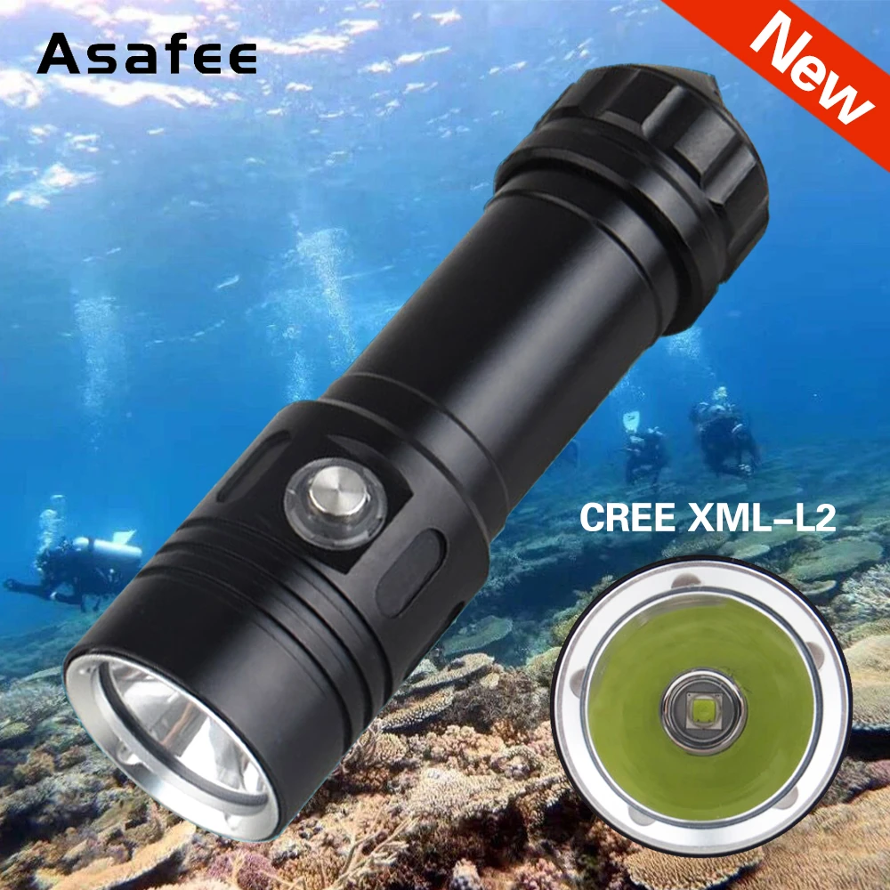 Asafee潜水手电筒L2白光捕鱼打捞夜潜灯按键开关带电量显示渔猎灯