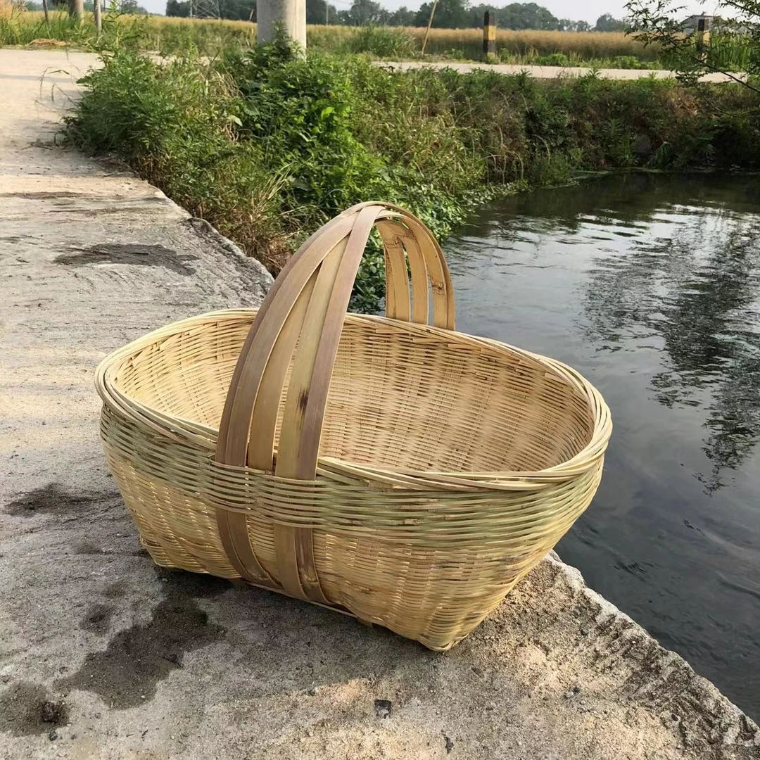 竹编手提篮菜篮子青丝编织家用蔬果收纳筐手拎篮子竹箩筐饭店装饰