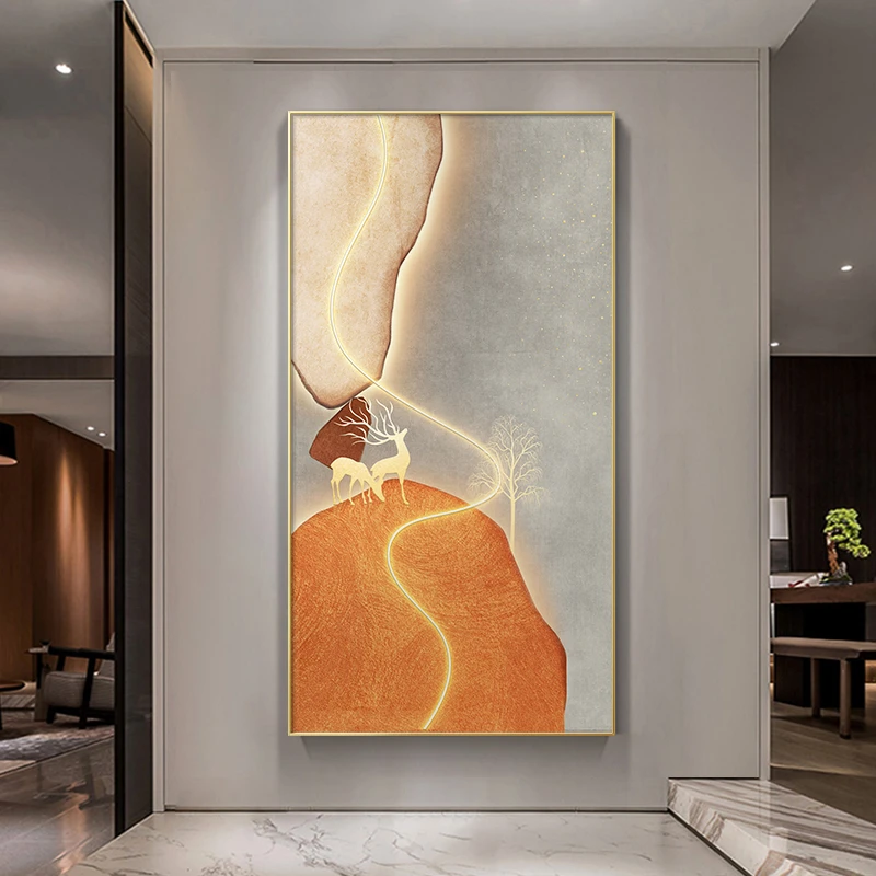 石来运转玄关装饰画现代轻奢背景墙挂画走廊壁画橙色玄幻画发财鹿