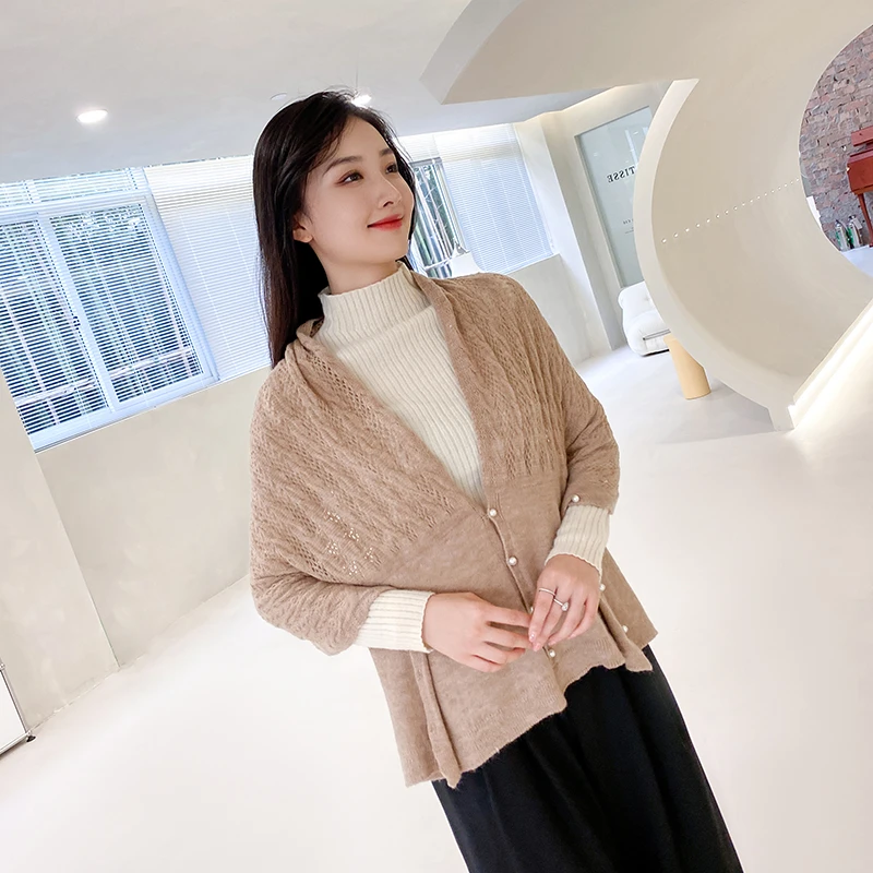 春秋纯色洋气珍珠纽扣披肩时尚百搭斗篷针织外搭坎肩多功能保暖