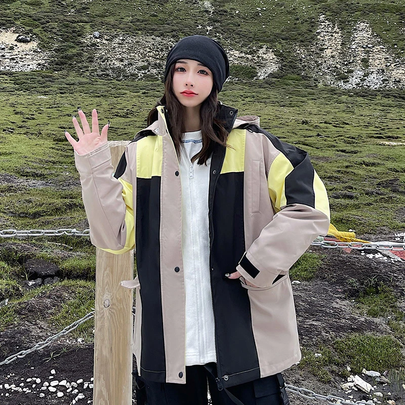 UhMu黑色加绒复古工装连帽外套女2022冬季新款防风防水户外冲锋衣
